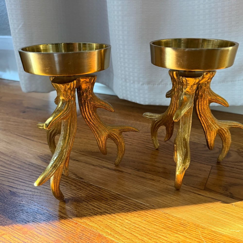 Source Unknown Gold Antler Candle Holders